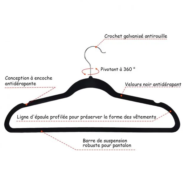100 Cintres en Velours Antidérapants pour Vêtements Crochets Pivotant à 360° Longueur 44,5 CM Noir