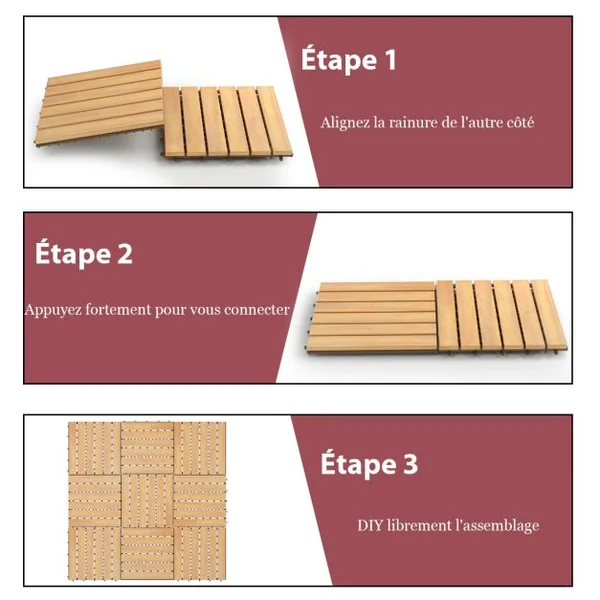 10 Dalles Carreaux de Terrasse 30×30 CM Plancher d'Exterieur Emboitable en Bois Acacia Huilé