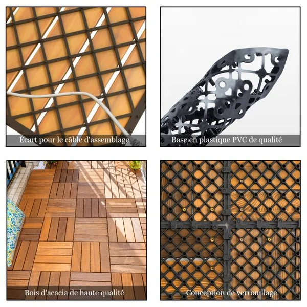 10 Dalles Carreaux de Terrasse 30 × 30 CM Plancher d'Exterieur Emboitable en Bois Acacia Huilé