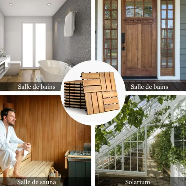 10 Dalles Carreaux de Terrasse 30 × 30 CM Plancher d'Exterieur Emboitable en Bois Acacia Huilé