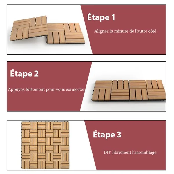 10 Dalles Carreaux de Terrasse 30 × 30 CM Plancher d'Exterieur Emboitable en Bois Acacia Huilé