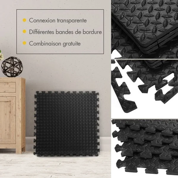 12 PCS de Tapis Puzzle pour Fitness en Mousse EVA Epaisse Conception Antidérapant Noir