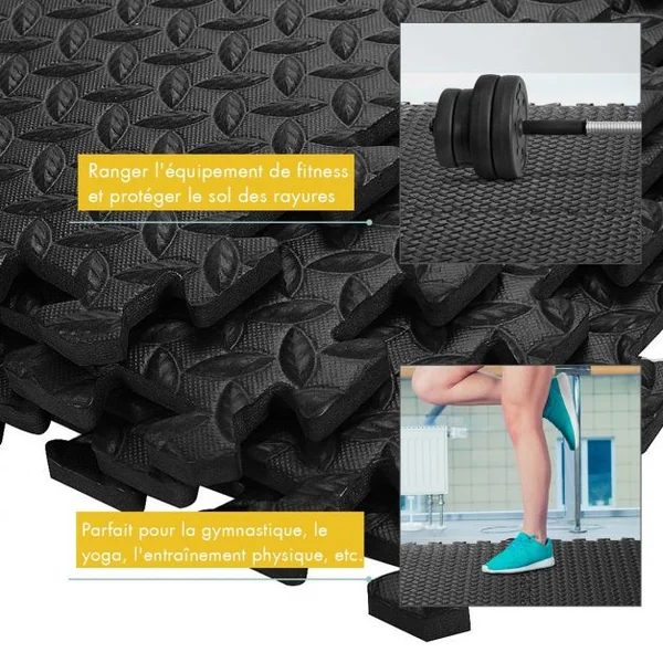 12 PCS de Tapis Puzzle pour Fitness en Mousse EVA Epaisse Conception Antidérapant Noir
