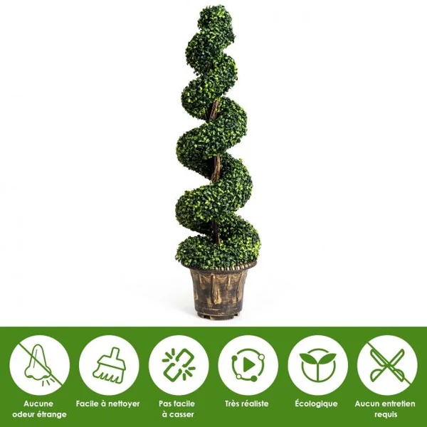 2 Arbres en Spirale Artificiels avec Pot Cyprès Topiaire Hauteur 120CM Feuilles en PVC