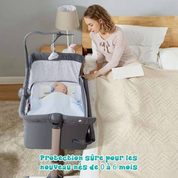 2 en 1 Berceau Cododo Bébé avec Matelas Hauteur Réglables Connecter avec Lit de Parent Arceau de Jeu Jusqu'à 9 KG