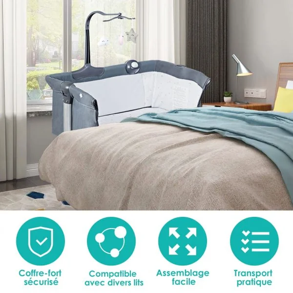 2 en 1 Berceau Cododo Bébé avec Matelas Hauteur Réglables Connecter avec Lit de Parent Arceau de Jeu Jusqu'à 9 KG