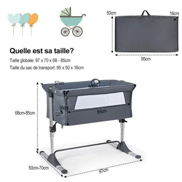 2 en 1 Berceau Cododo Bébé avec Matelas Hauteur Réglables Connecter avec Lit de Parent Arceau de Jeu Jusqu'à 9 KG
