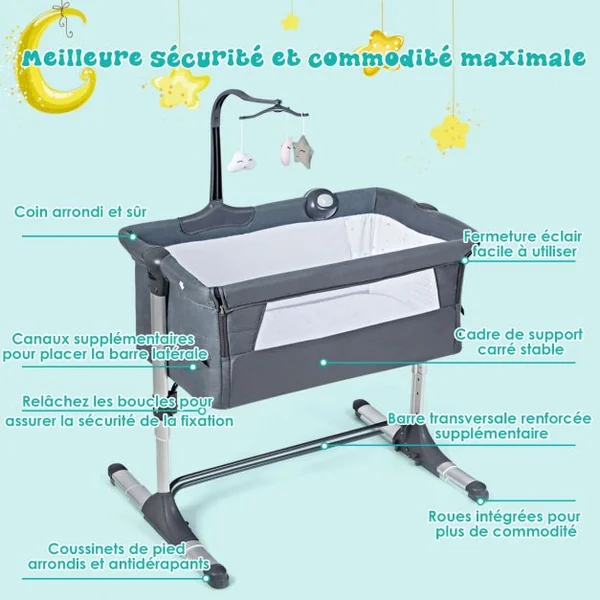 2 en 1 Berceau Cododo Bébé avec Matelas Hauteur Réglables Connecter avec Lit de Parent Arceau de Jeu Jusqu'à 9 KG