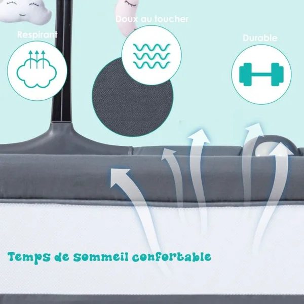 2 en 1 Berceau Cododo Bébé avec Matelas Hauteur Réglables Connecter avec Lit de Parent Arceau de Jeu Jusqu'à 9 KG