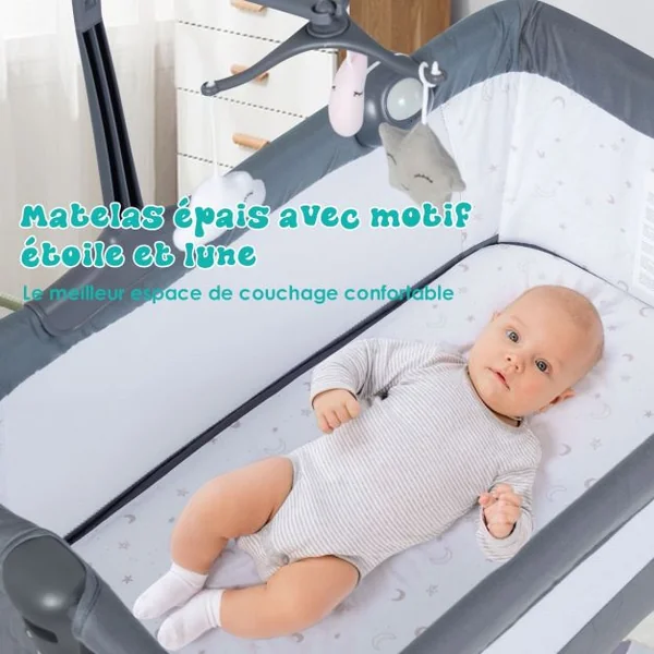 2 en 1 Berceau Cododo Bébé avec Matelas Hauteur Réglables Connecter avec Lit de Parent Arceau de Jeu Jusqu'à 9 KG