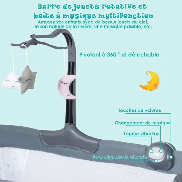 2 en 1 Berceau Cododo Bébé avec Matelas Hauteur Réglables Connecter avec Lit de Parent Arceau de Jeu Jusqu'à 9 KG