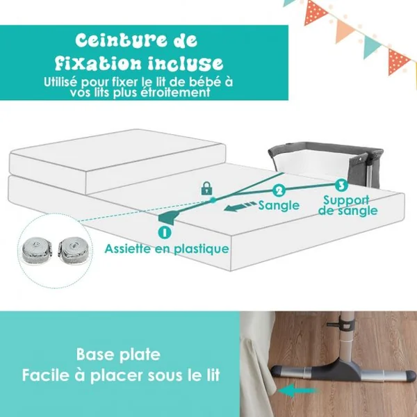 2 en 1 Berceau Cododo Bébé avec Matelas Hauteur Réglables Connecter avec Lit de Parent Arceau de Jeu Jusqu'à 9 KG