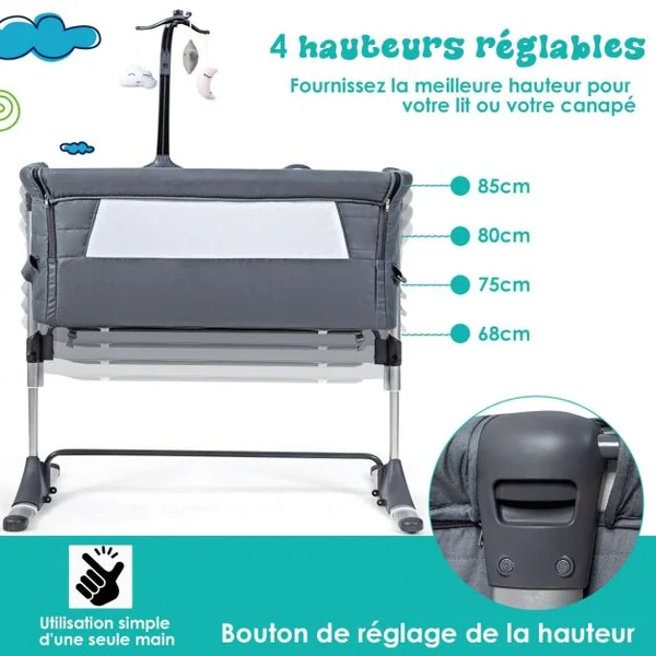 2 en 1 Berceau Cododo Bébé avec Matelas Hauteur Réglables Connecter avec Lit de Parent Arceau de Jeu Jusqu'à 9 KG