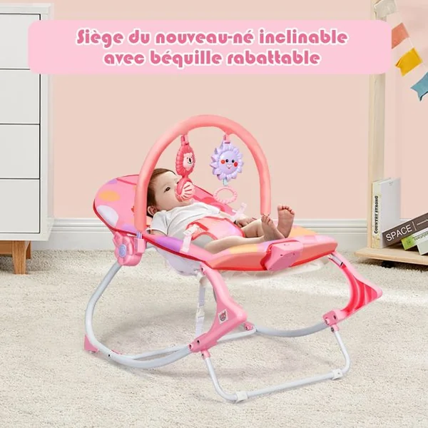2 en 1 Transat pour Bébés 0-36 Mois Jusqu’ à 18KG avec 2 Mode de Vibration Angle Ajustable Rose