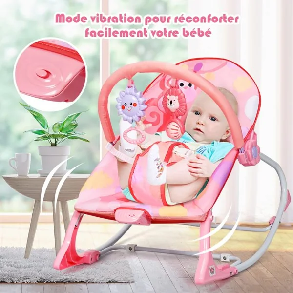 2 en 1 Transat pour Bébés 0-36 Mois Jusqu’ à 18KG avec 2 Mode de Vibration Angle Ajustable Rose