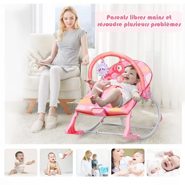 2 en 1 Transat pour Bébés 0-36 Mois Jusqu’ à 18KG avec 2 Mode de Vibration Angle Ajustable Rose