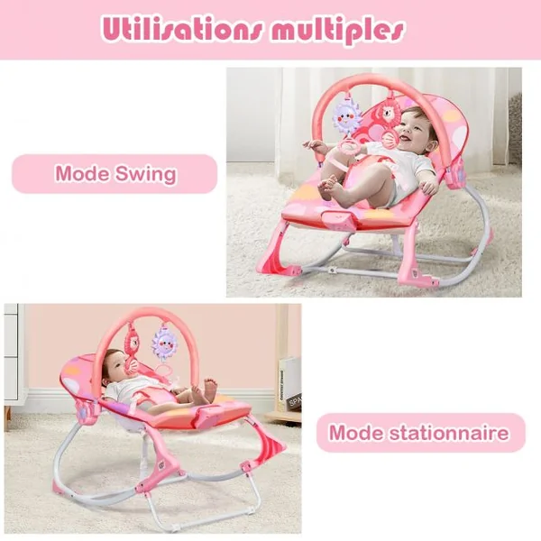 2 en 1 Transat pour Bébés 0-36 Mois Jusqu’ à 18KG avec 2 Mode de Vibration Angle Ajustable Rose