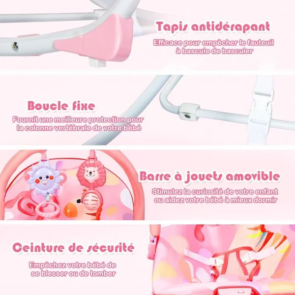 2 en 1 Transat pour Bébés 0-36 Mois Jusqu’ à 18KG avec 2 Mode de Vibration Angle Ajustable Rose