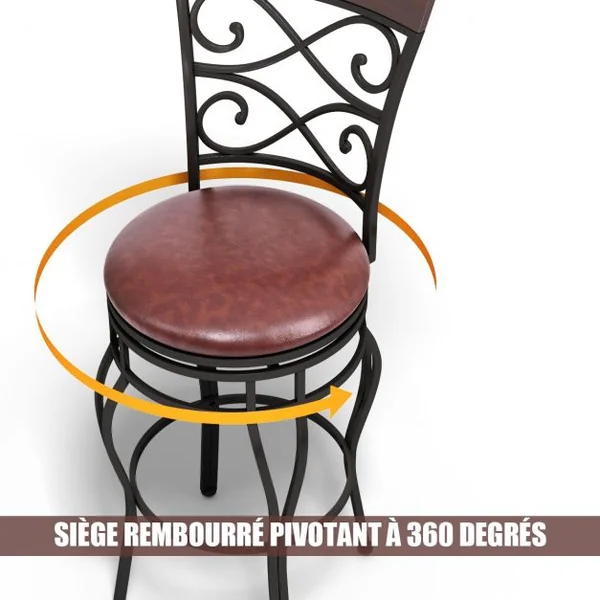 2 Tabourets de Bar en Simili Cuir et Métal Charge Max 110KG Style Rétro avec Repose-pieds Pivontante à 360°