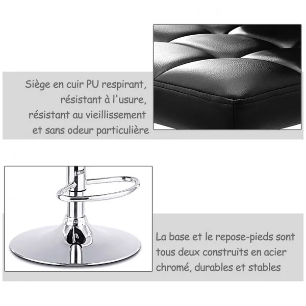 2 Tabourets de Bar en Simili Cuir et Métal Style Contemporain Repose-pieds Réglable Capacité 113kg 40x42x89-108cm Noir