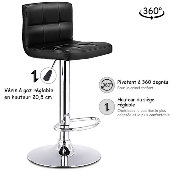 2 Tabourets de Bar en Simili Cuir et Métal Style Contemporain Repose-pieds Réglable Capacité 113kg 40x42x89-108cm Noir