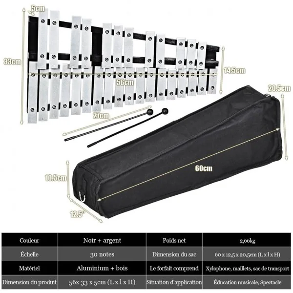 30 Note Glockenspiel Xylophone Cadre en Bois Barres en Aluminium avec Baguettes en Bois avec Sac