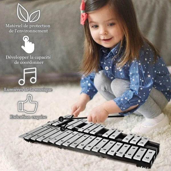 30 Note Glockenspiel Xylophone Cadre en Bois Barres en Aluminium avec Baguettes en Bois avec Sac