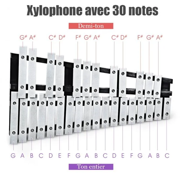 30 Note Glockenspiel Xylophone Cadre en Bois Barres en Aluminium avec Baguettes en Bois avec Sac