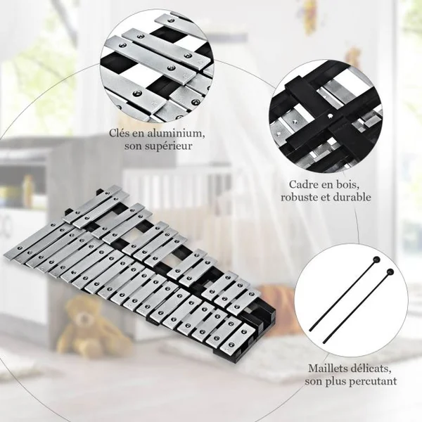 30 Note Glockenspiel Xylophone Cadre en Bois Barres en Aluminium avec Baguettes en Bois avec Sac