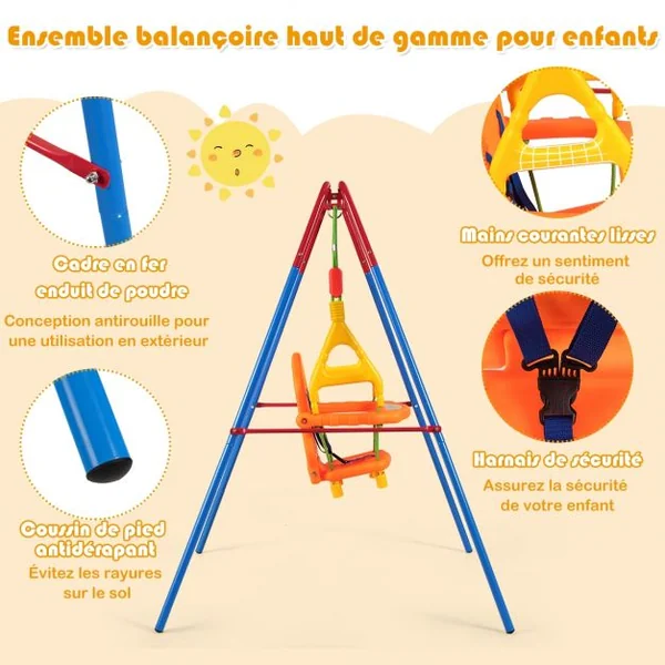 3 en1 Balançoire pour Enfants avec Portique et Siège avec Dossier Accoudoir et Ceinture Sécurité Charge Max. : 25 KG
