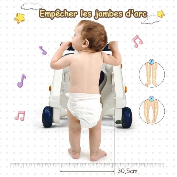 3 en 1 Trotteur Pousseur pour Enfants avec Lumière et Musique Développement de l'intelligence 6-36 Mois Bleu