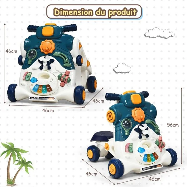 3 en 1 Trotteur Pousseur pour Enfants avec Lumière et Musique Développement de l'intelligence 6-36 Mois Bleu