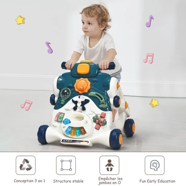 3 en 1 Trotteur Pousseur pour Enfants avec Lumière et Musique Développement de l'intelligence 6-36 Mois Bleu