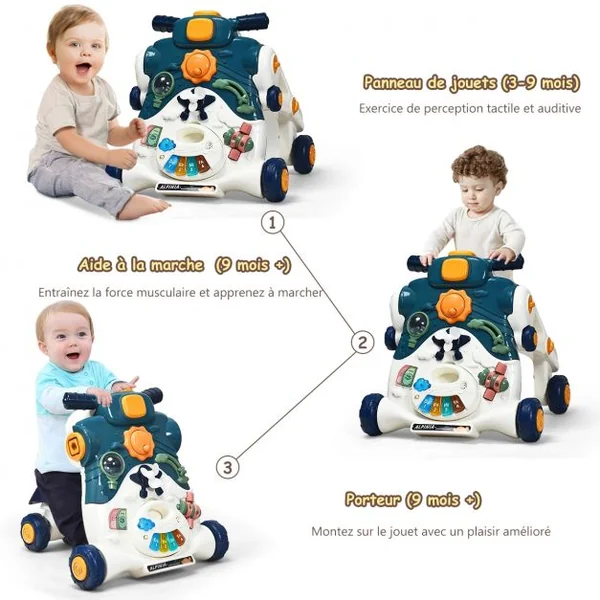 3 en 1 Trotteur Pousseur pour Enfants avec Lumière et Musique Développement de l'intelligence 6-36 Mois Bleu