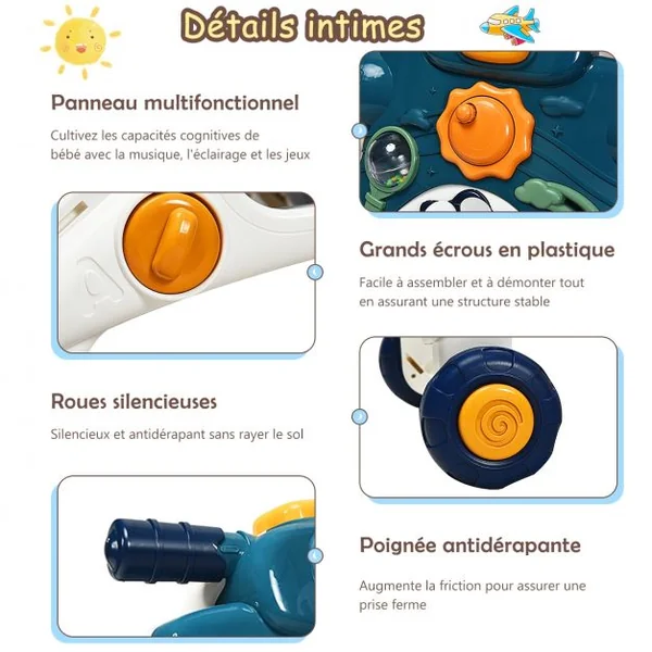 3 en 1 Trotteur Pousseur pour Enfants avec Lumière et Musique Développement de l'intelligence 6-36 Mois Bleu