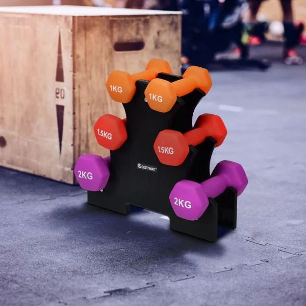 3 Paires d’Haltères avec Support de Stockage 2x1kg Orange + 2x15kg Rouge + 2x2kg Violet Poignée Ergonomique en Fer
