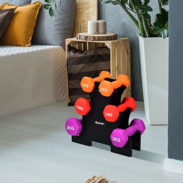 3 Paires d’Haltères avec Support de Stockage 2x1kg Orange + 2x15kg Rouge + 2x2kg Violet Poignée Ergonomique en Fer