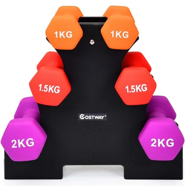 3 Paires d’Haltères avec Support de Stockage 2x1kg Orange + 2x15kg Rouge + 2x2kg Violet Poignée Ergonomique en Fer