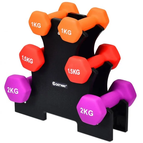 3 Paires d’Haltères avec Support de Stockage 2x1kg Orange + 2x15kg Rouge + 2x2kg Violet Poignée Ergonomique en Fer