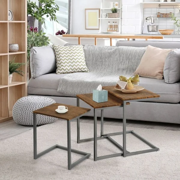 3 Tables Basses Gigognes Cadre en C Style Vintage en Mdf et Acier 50x35x55cm /44x33x50cm /38x31x45cm Brun Foncé