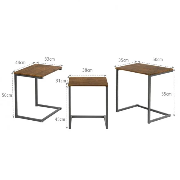 3 Tables Basses Gigognes Cadre en C Style Vintage en Mdf et Acier 50x35x55cm /44x33x50cm /38x31x45cm Brun Foncé