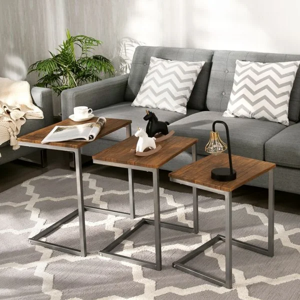 3 Tables Basses Gigognes Cadre en C Style Vintage en Mdf et Acier 50x35x55cm /44x33x50cm /38x31x45cm Brun Foncé