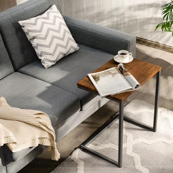 3 Tables Basses Gigognes Cadre en C Style Vintage en Mdf et Acier 50x35x55cm /44x33x50cm /38x31x45cm Brun Foncé