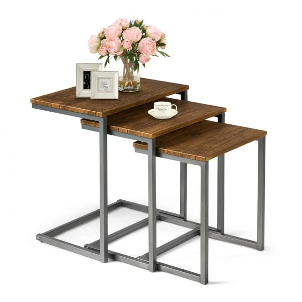 3 Tables Basses Gigognes Cadre en C Style Vintage en Mdf et Acier 50x35x55cm /44x33x50cm /38x31x45cm Brun Foncé
