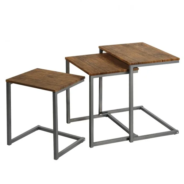 3 Tables Basses Gigognes Cadre en C Style Vintage en Mdf et Acier 50x35x55cm /44x33x50cm /38x31x45cm Brun Foncé