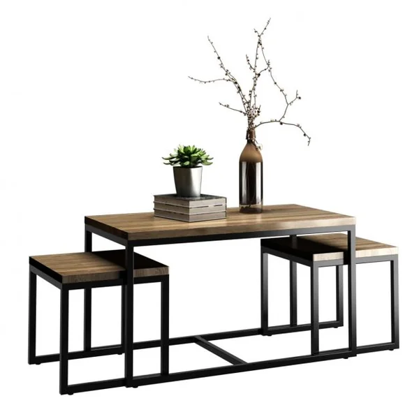 3 Tables Basses Gigognes Style Vintage Industriel en Mdf et Métal 90x44x50cm/lot de 2 Tables 40x39x40cm Naturel+Noir