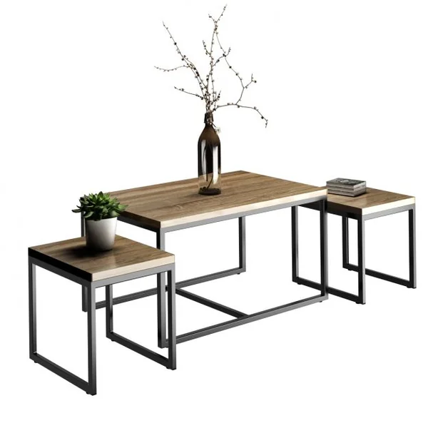 3 Tables Basses Gigognes Style Vintage Industriel en Mdf et Métal 90x44x50cm/lot de 2 Tables 40x39x40cm Naturel+Noir