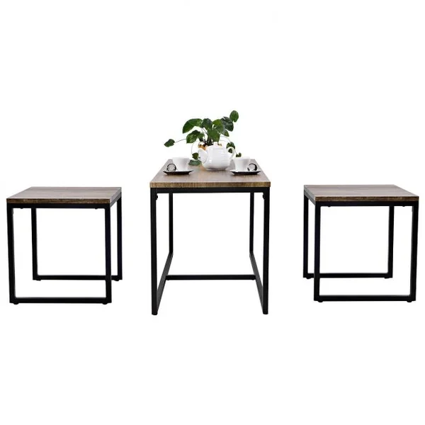 3 Tables Basses Gigognes Style Vintage Industriel en Mdf et Métal 90x44x50cm/lot de 2 Tables 40x39x40cm Naturel+Noir