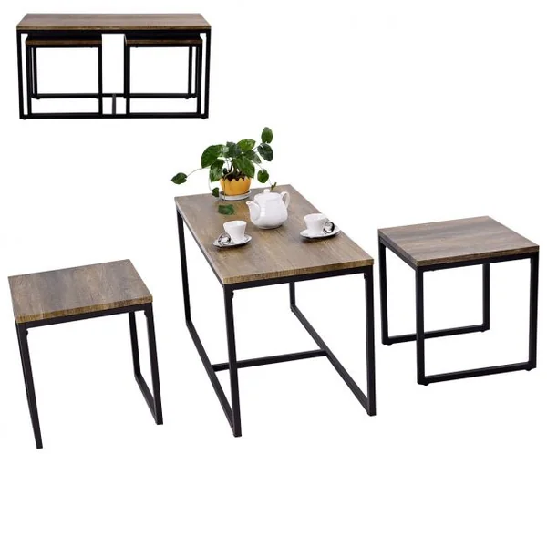 3 Tables Basses Gigognes Style Vintage Industriel en Mdf et Métal 90x44x50cm/lot de 2 Tables 40x39x40cm Naturel+Noir