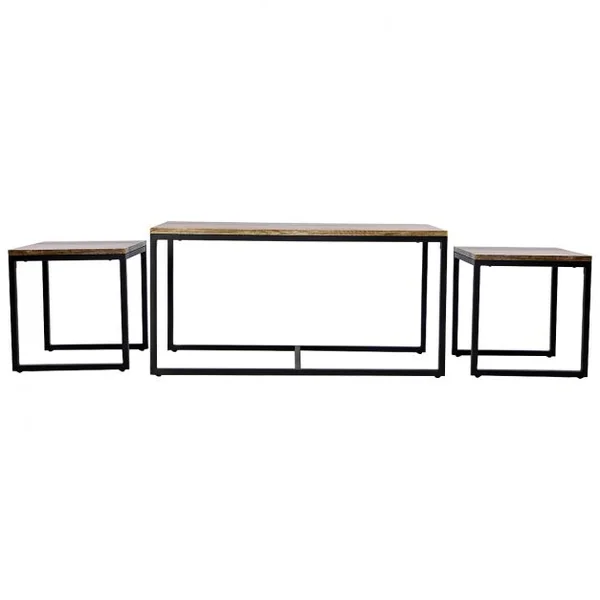 3 Tables Basses Gigognes Style Vintage Industriel en Mdf et Métal 90x44x50cm/lot de 2 Tables 40x39x40cm Naturel+Noir